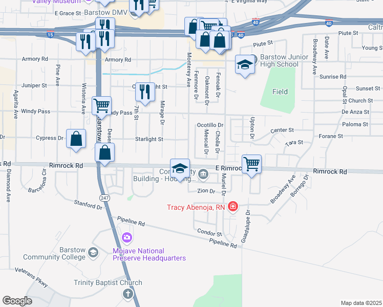 map of restaurants, bars, coffee shops, grocery stores, and more near 910 Palo Verde Drive in Barstow