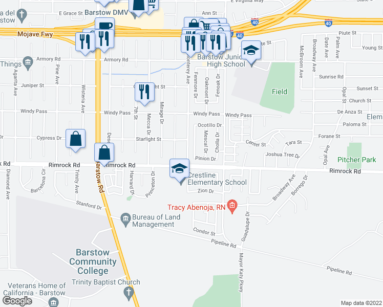 map of restaurants, bars, coffee shops, grocery stores, and more near 910 Palo Verde Drive in Barstow