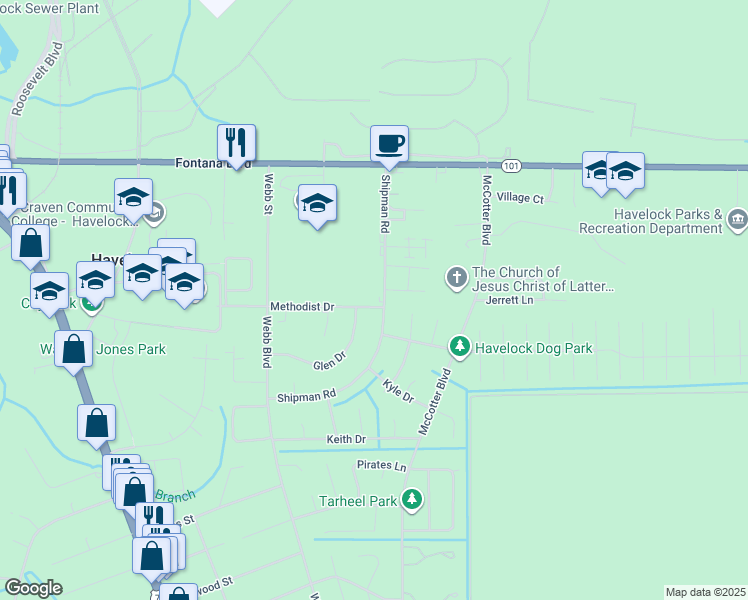 map of restaurants, bars, coffee shops, grocery stores, and more near 201 Shipman Road in Havelock