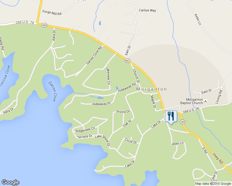 map of restaurants, bars, coffee shops, grocery stores, and more near 3 Hideaway Place in Morganton