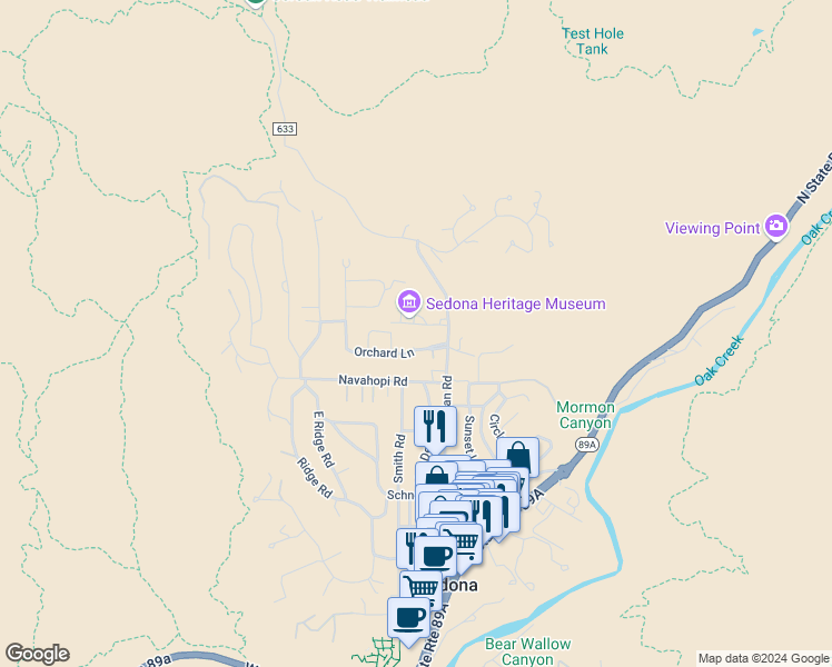 map of restaurants, bars, coffee shops, grocery stores, and more near 370 Orchard Lane in Sedona