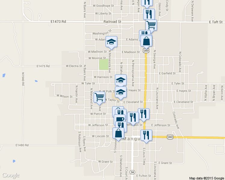 map of restaurants, bars, coffee shops, grocery stores, and more near 221 West Polk Street in Mangum