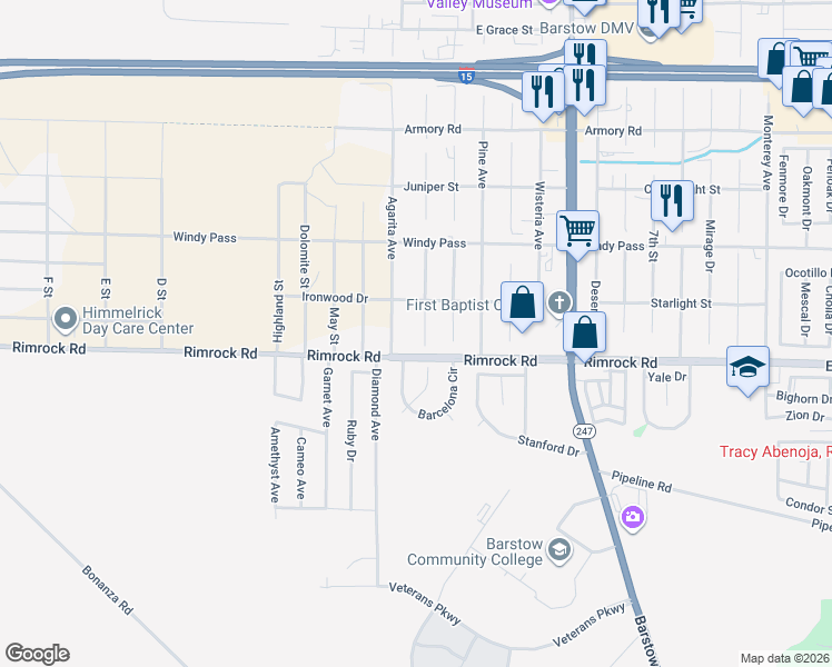 map of restaurants, bars, coffee shops, grocery stores, and more near 1321 Arville Street in Barstow