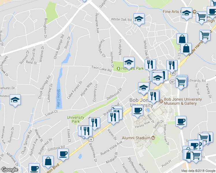 map of restaurants, bars, coffee shops, grocery stores, and more near 123 Stephens Lane in Greenville