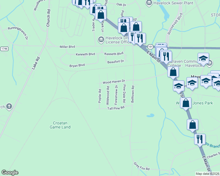 map of restaurants, bars, coffee shops, grocery stores, and more near 202 Forest View Drive in Havelock