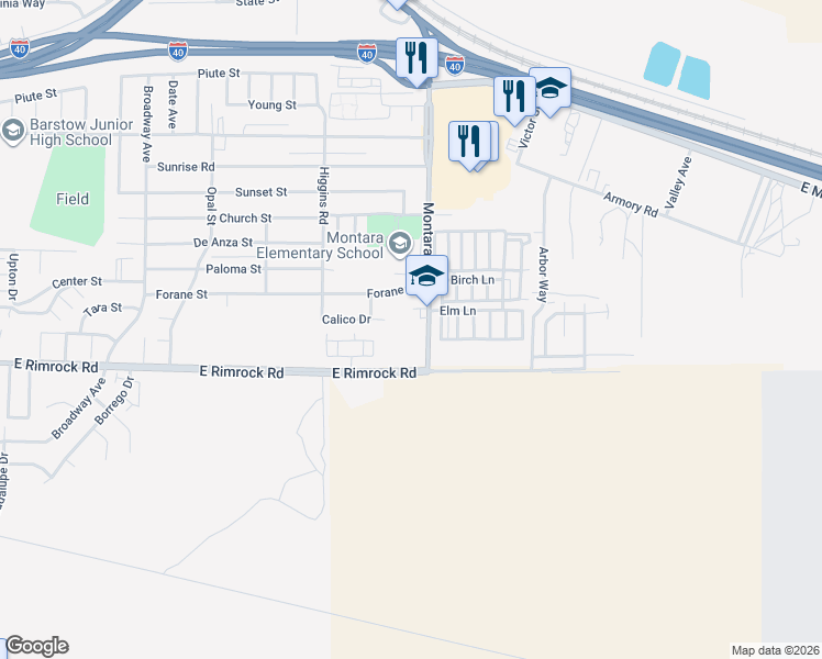 map of restaurants, bars, coffee shops, grocery stores, and more near 820 Montara Road in Barstow