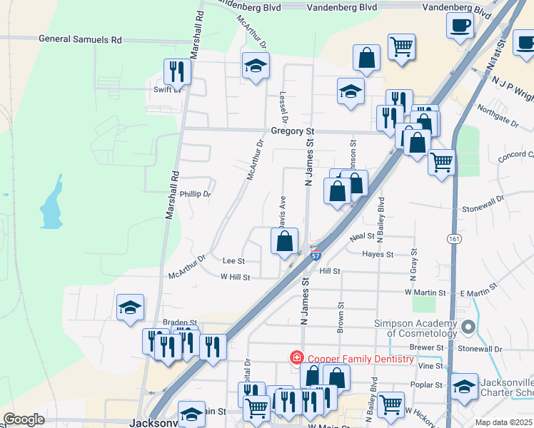 map of restaurants, bars, coffee shops, grocery stores, and more near 1209 Oakhurst Drive in Jacksonville