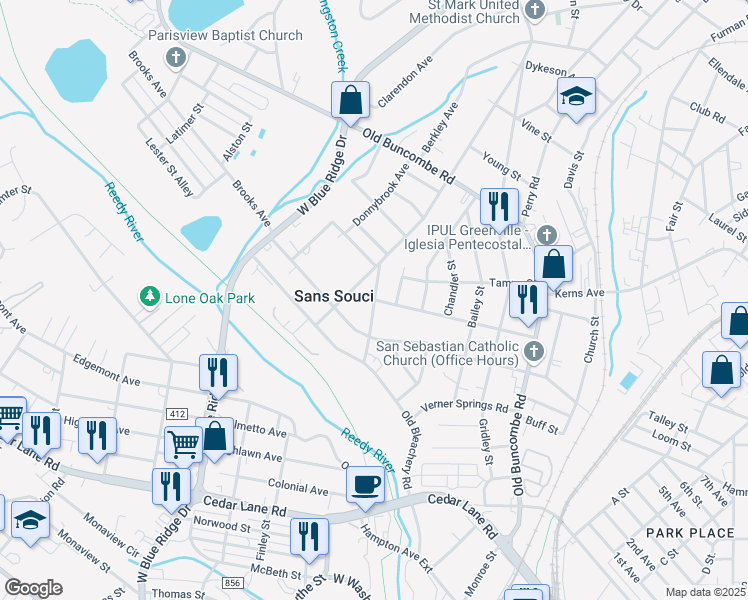 map of restaurants, bars, coffee shops, grocery stores, and more near 22 Edwards Street in Greenville