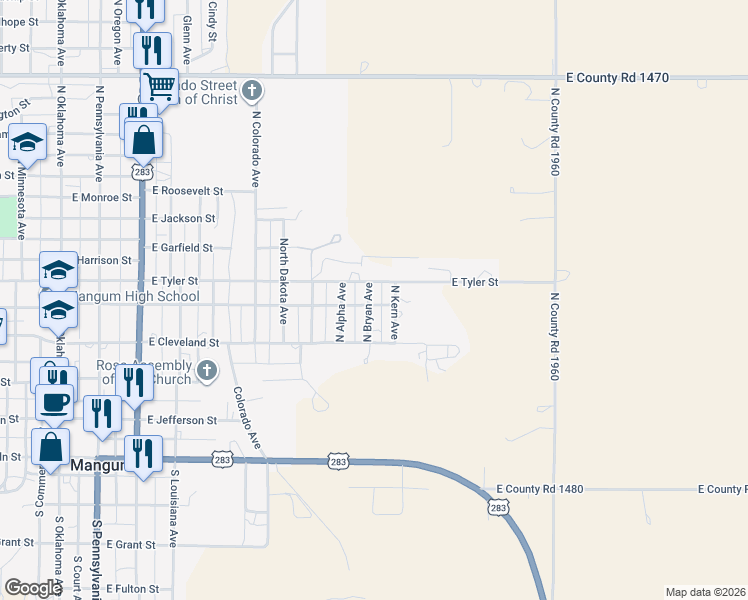 map of restaurants, bars, coffee shops, grocery stores, and more near 423 North Kern Avenue in Mangum