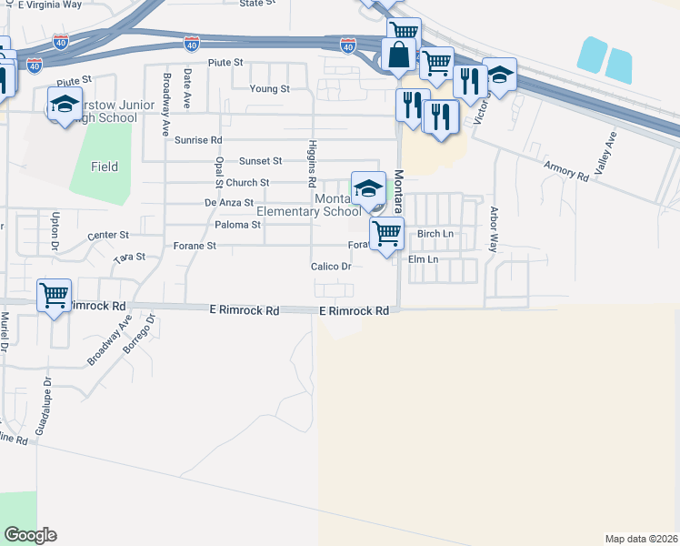 map of restaurants, bars, coffee shops, grocery stores, and more near 1820 Calico Drive in Barstow