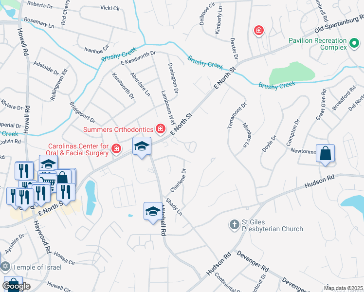 map of restaurants, bars, coffee shops, grocery stores, and more near 501 McKenna Circle in Greenville