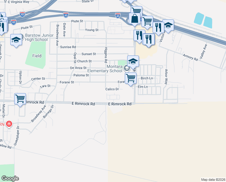 map of restaurants, bars, coffee shops, grocery stores, and more near 1820 Calico Drive in Barstow