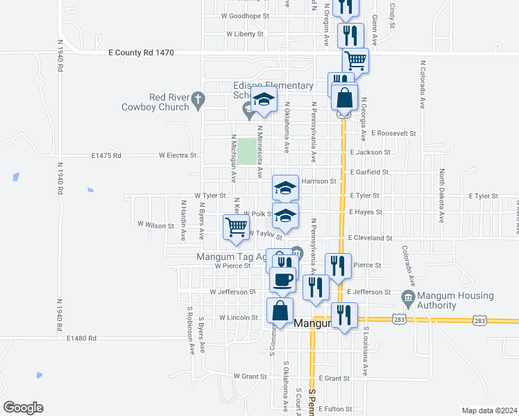 map of restaurants, bars, coffee shops, grocery stores, and more near 221 West Polk Street in Mangum