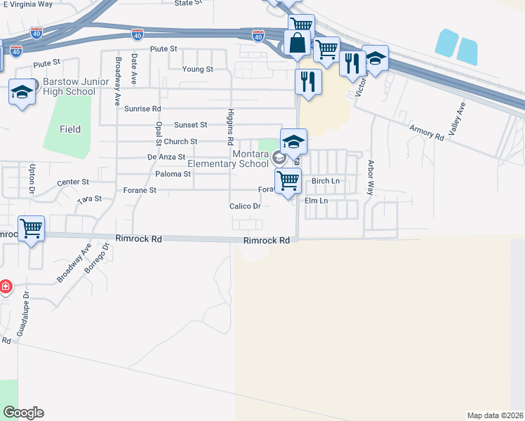 map of restaurants, bars, coffee shops, grocery stores, and more near 1900 Calico Drive in Barstow