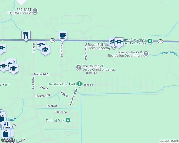 map of restaurants, bars, coffee shops, grocery stores, and more near 107 Jerrett Lane in Havelock