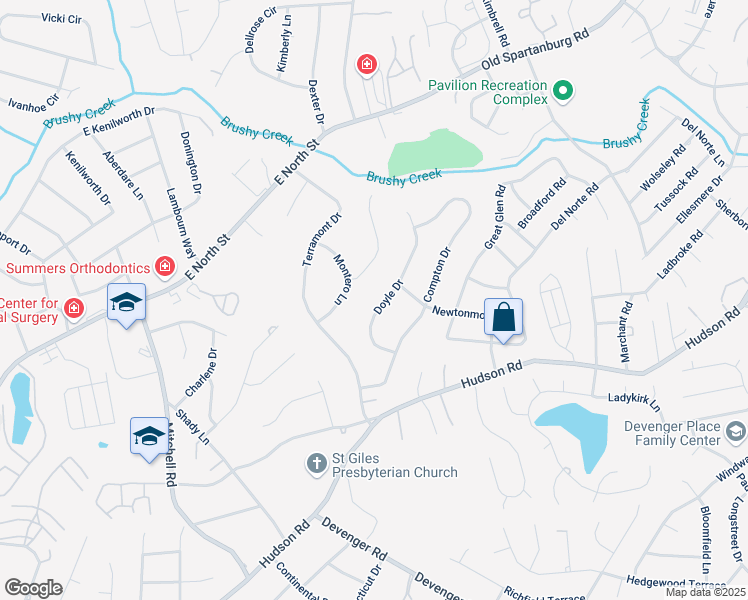 map of restaurants, bars, coffee shops, grocery stores, and more near 2 Terra Lea Lane in Greenville