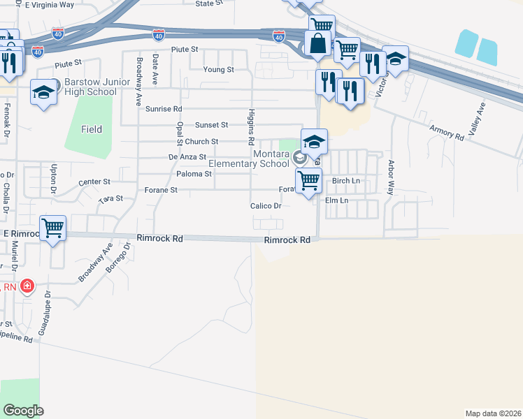 map of restaurants, bars, coffee shops, grocery stores, and more near 1812 Calico Drive in Barstow