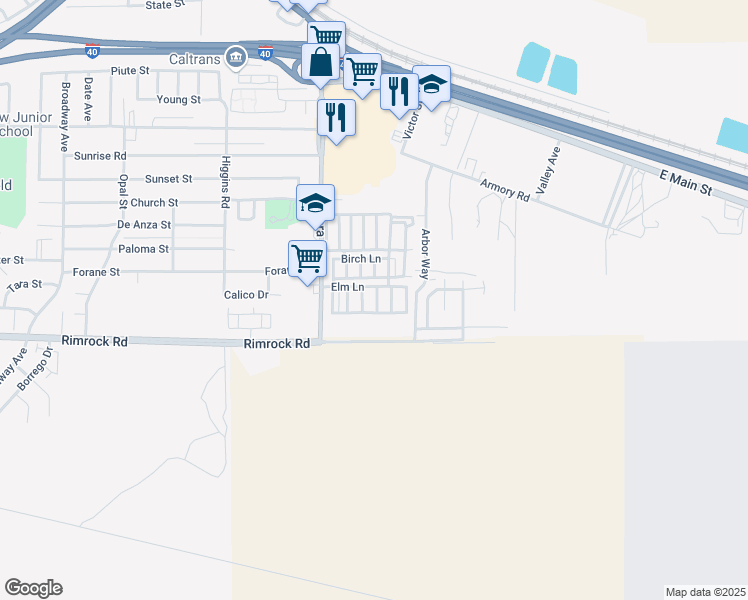 map of restaurants, bars, coffee shops, grocery stores, and more near 701 Montara Road in Barstow