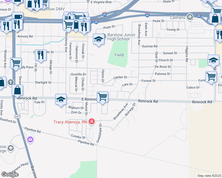 map of restaurants, bars, coffee shops, grocery stores, and more near 1267 Joshua Tree Drive in Barstow