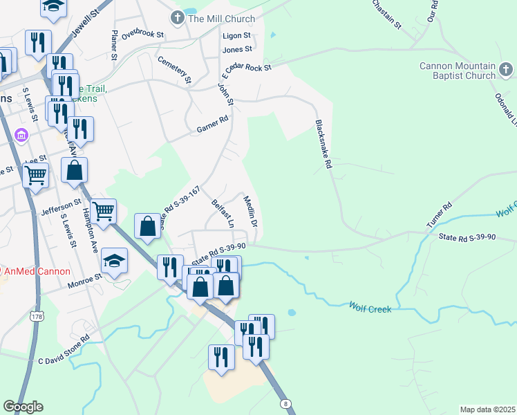 map of restaurants, bars, coffee shops, grocery stores, and more near 138 Medlin Drive in Pickens