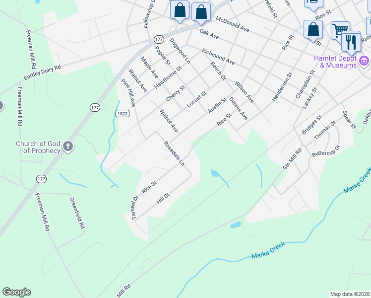 map of restaurants, bars, coffee shops, grocery stores, and more near 1120 Rice Street in Hamlet