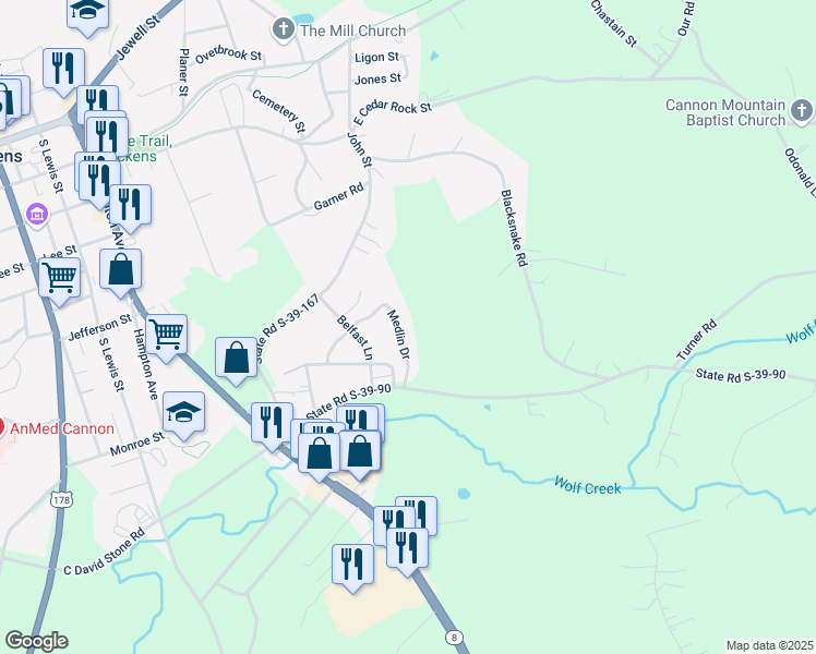 map of restaurants, bars, coffee shops, grocery stores, and more near 138 Medlin Drive in Pickens
