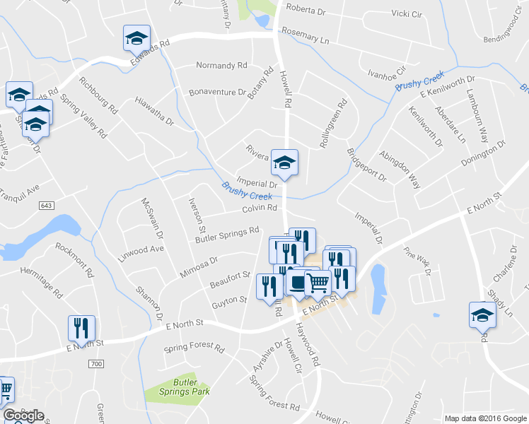 map of restaurants, bars, coffee shops, grocery stores, and more near 128 Colvin Road in Greenville