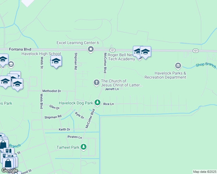 map of restaurants, bars, coffee shops, grocery stores, and more near 109 Jerrett Lane in Havelock