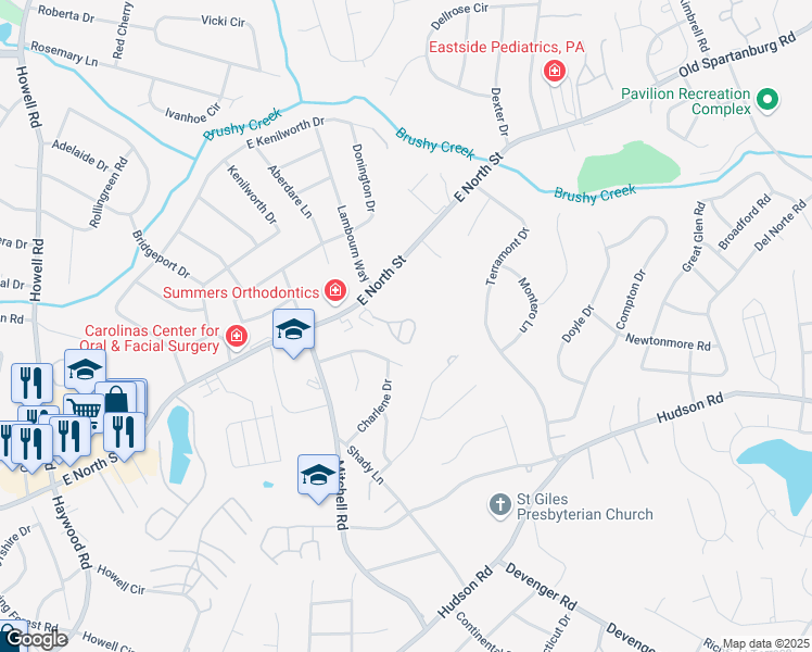 map of restaurants, bars, coffee shops, grocery stores, and more near 501 McKenna Circle in Greenville