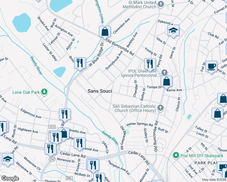 map of restaurants, bars, coffee shops, grocery stores, and more near 508 McCrary Street in Greenville