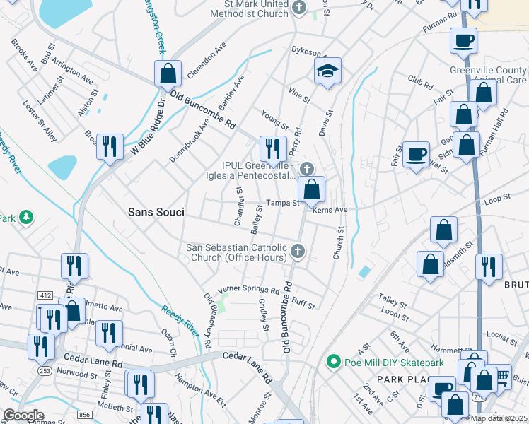 map of restaurants, bars, coffee shops, grocery stores, and more near 212 Bailey Street in Greenville