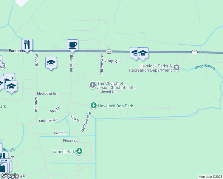 map of restaurants, bars, coffee shops, grocery stores, and more near 125 Jerrett Lane in Havelock