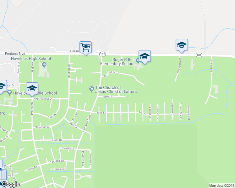 map of restaurants, bars, coffee shops, grocery stores, and more near 131 Jerrett Lane in Havelock