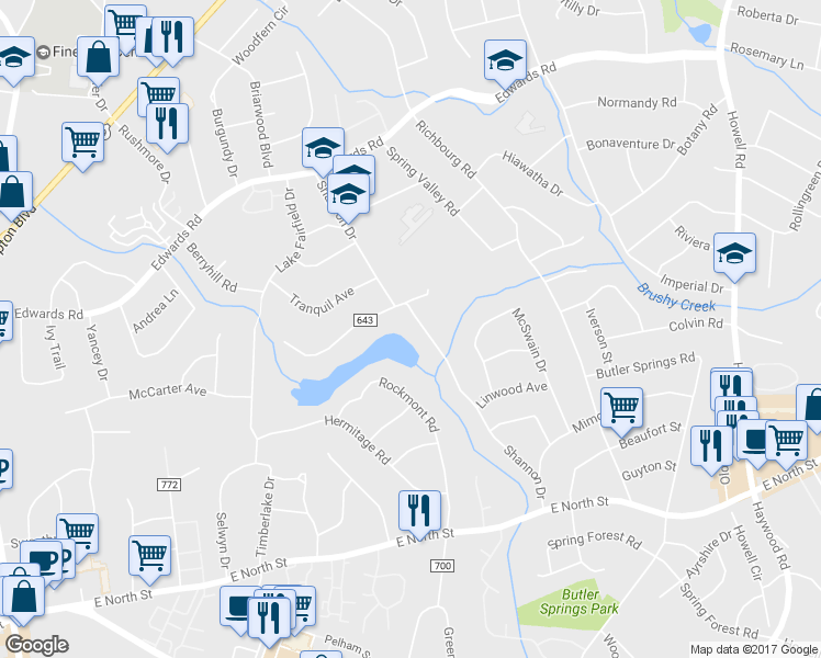 map of restaurants, bars, coffee shops, grocery stores, and more near 102 Shannon Drive in Greenville