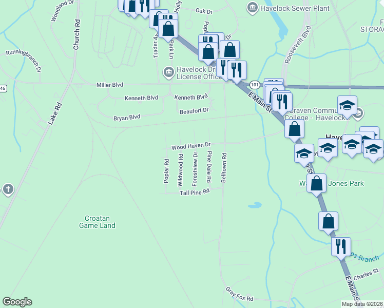 map of restaurants, bars, coffee shops, grocery stores, and more near 202 Forest View Drive in Havelock