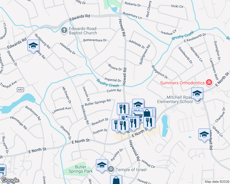 map of restaurants, bars, coffee shops, grocery stores, and more near 128 Colvin Road in Greenville