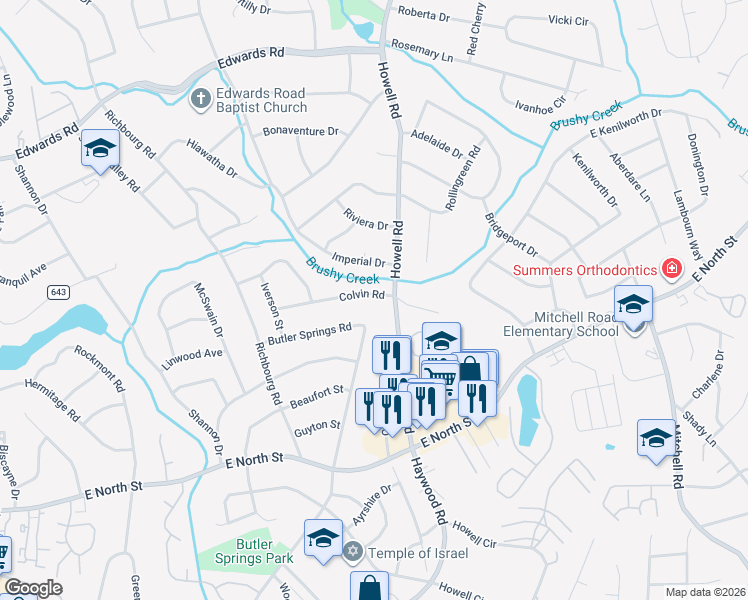 map of restaurants, bars, coffee shops, grocery stores, and more near 128 Colvin Road in Greenville