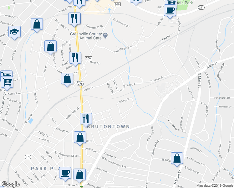 map of restaurants, bars, coffee shops, grocery stores, and more near 205 Pear Street in Greenville