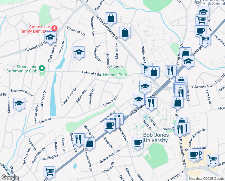 map of restaurants, bars, coffee shops, grocery stores, and more near 317 Dellwood Drive in Greenville