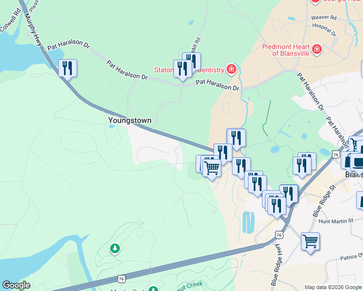 map of restaurants, bars, coffee shops, grocery stores, and more near 22 Williams Road in Blairsville