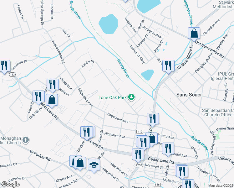 map of restaurants, bars, coffee shops, grocery stores, and more near 521 Sumter Street in Greenville