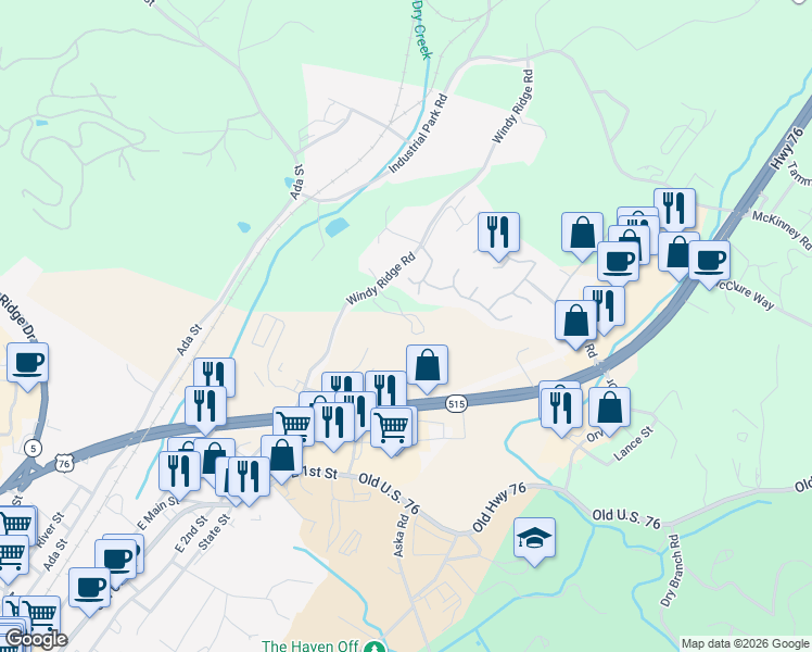 map of restaurants, bars, coffee shops, grocery stores, and more near 641 Windy Ridge Road in Blue Ridge