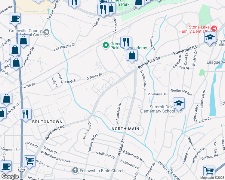 map of restaurants, bars, coffee shops, grocery stores, and more near 1 Parkside Drive in Greenville