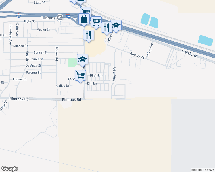 map of restaurants, bars, coffee shops, grocery stores, and more near 701 Montara Road in Barstow
