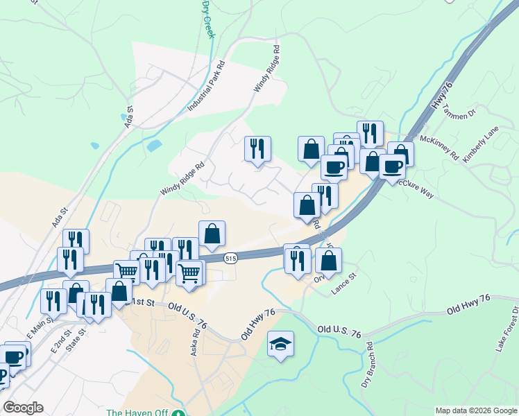 map of restaurants, bars, coffee shops, grocery stores, and more near 35 Westward Lane in Blue Ridge