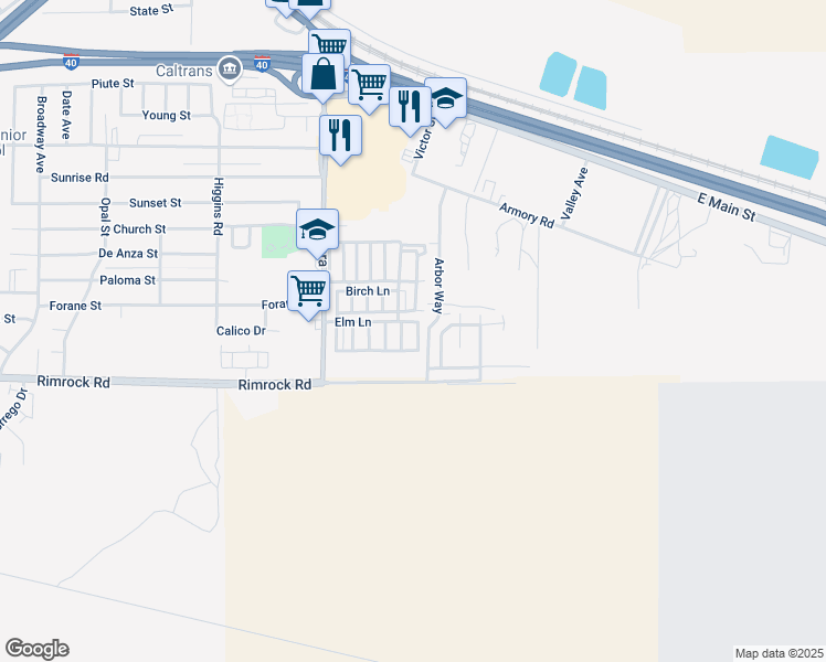 map of restaurants, bars, coffee shops, grocery stores, and more near 701 Montara Road in Barstow