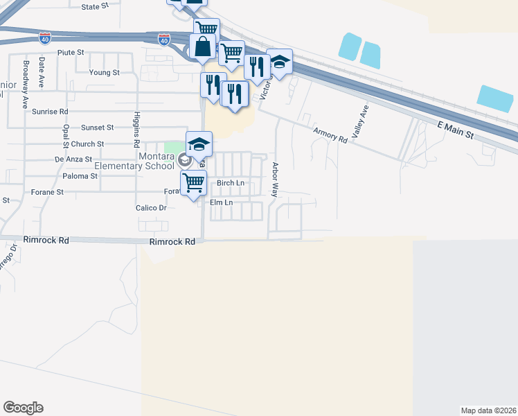map of restaurants, bars, coffee shops, grocery stores, and more near 701 Montara Road in Barstow