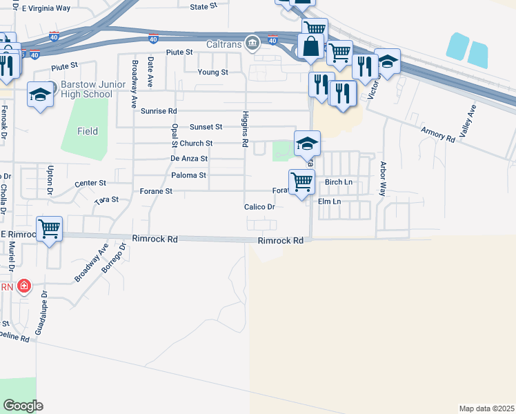 map of restaurants, bars, coffee shops, grocery stores, and more near Calico Drive in Barstow
