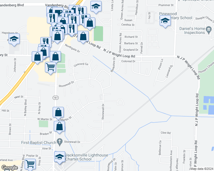 map of restaurants, bars, coffee shops, grocery stores, and more near 105 Berkshire Circle in Jacksonville