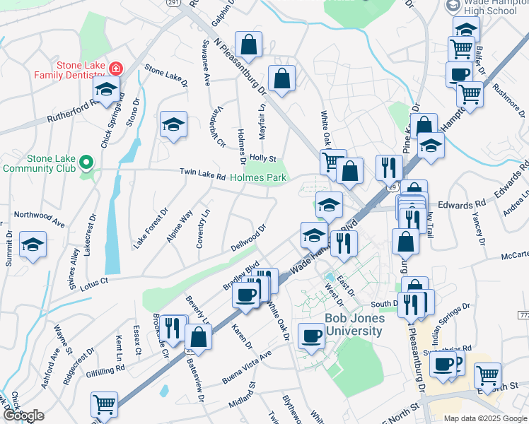 map of restaurants, bars, coffee shops, grocery stores, and more near 317 Dellwood Drive in Greenville